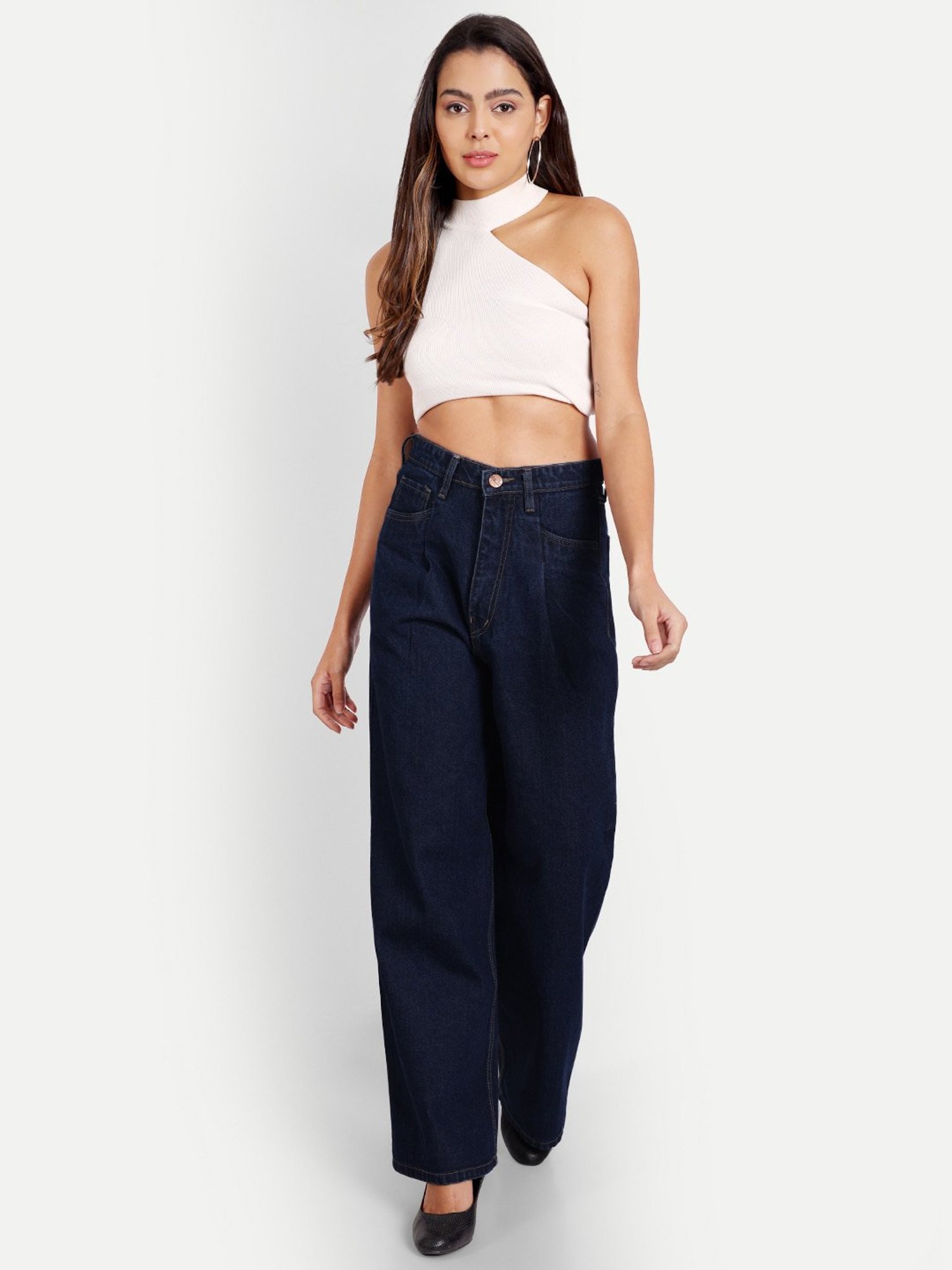 Angelfab Dark Blue Cotton Relaxed Fit High Rise Jeans
