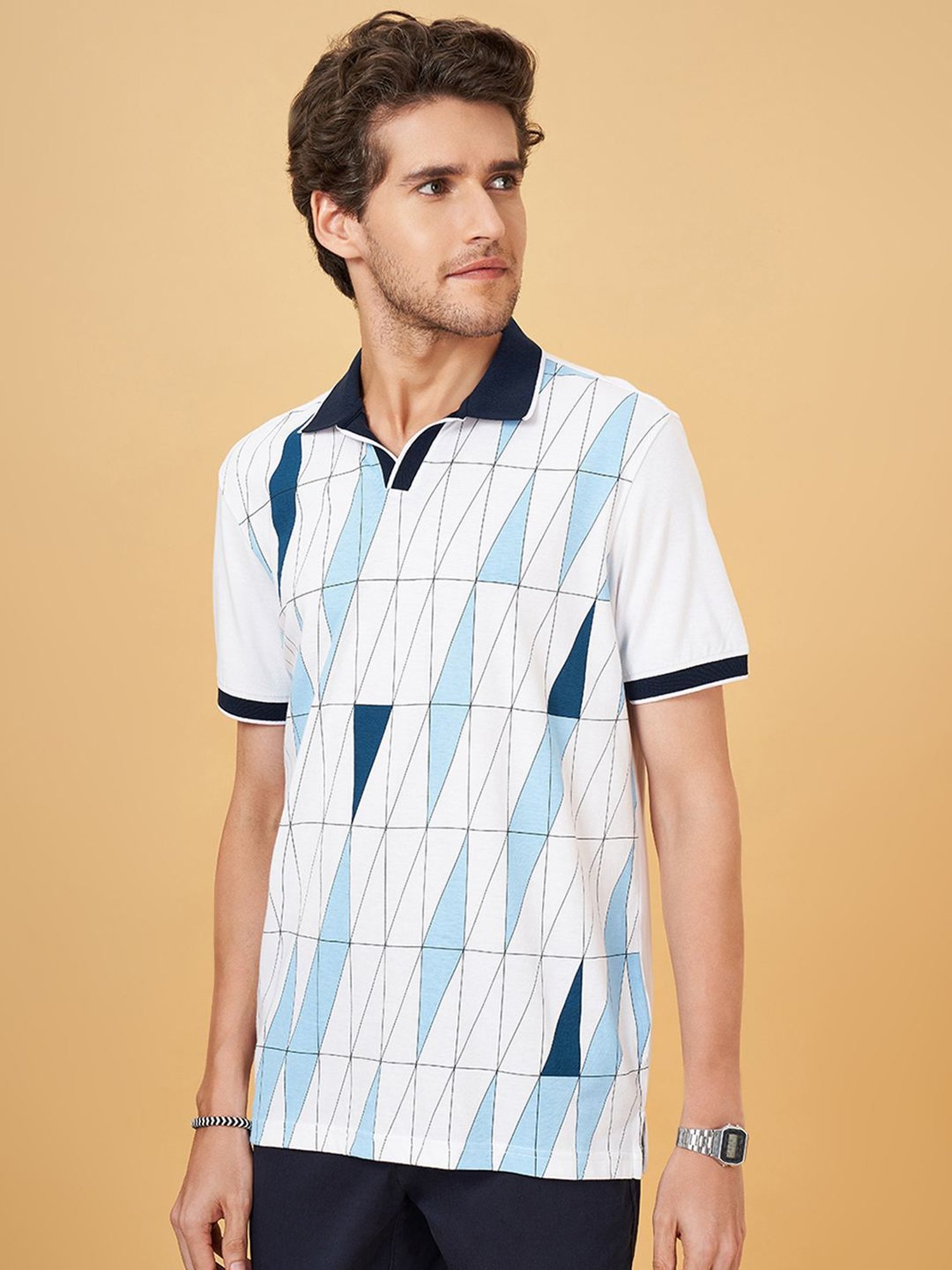 Byford By Pantaloons White Cotton Slim Fit Printed Polo T-Shirt