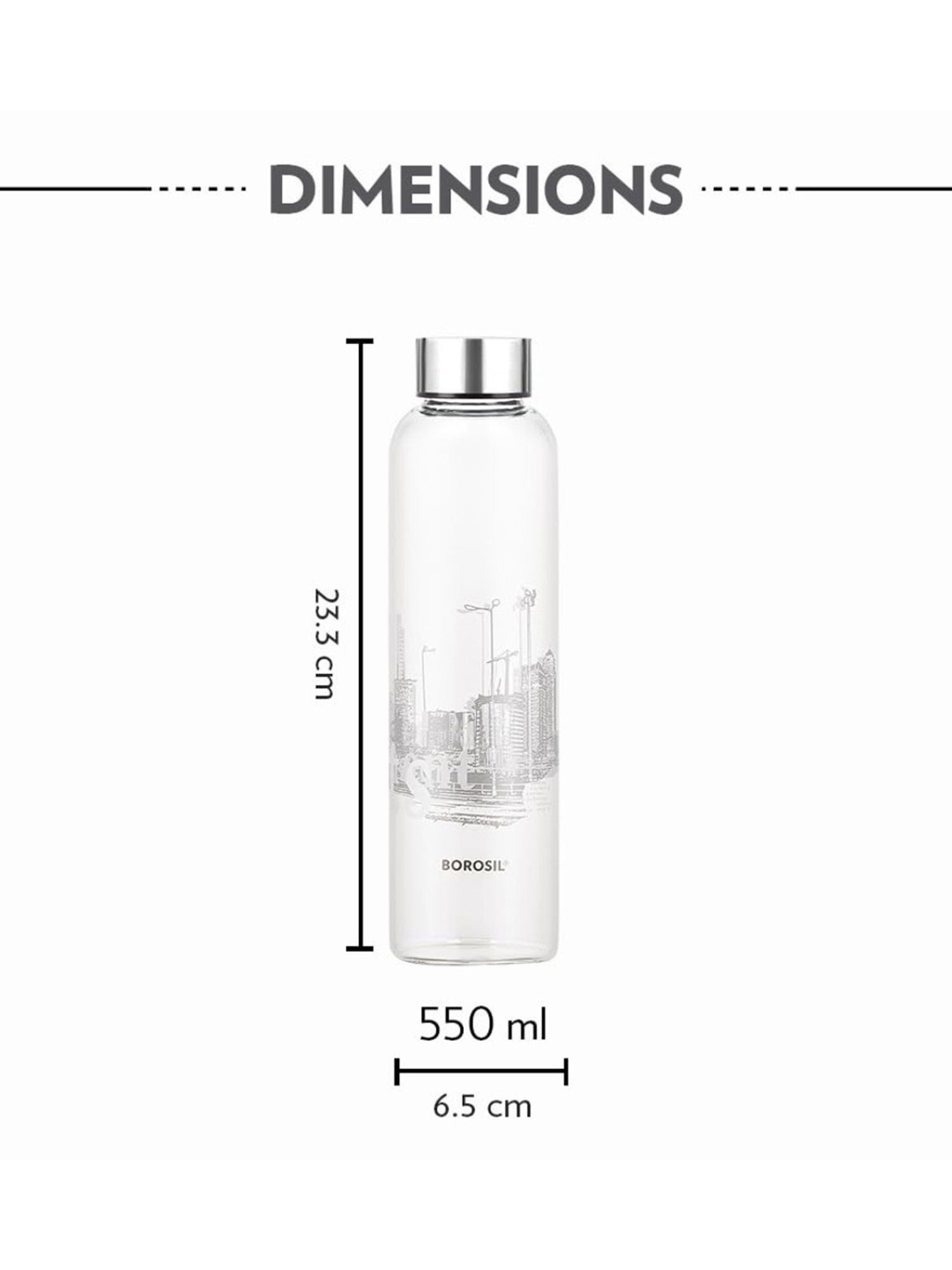 Borosil Water Bottle with Fridge Safe & Leakproof (Transparent, 550 ml)