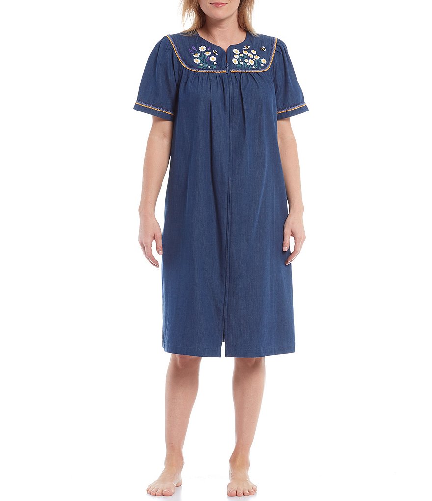 Go Softly Daisy & Bees Embroidery Denim Zip-Front Patio Dress