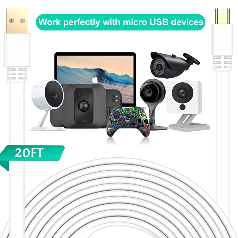 Micro USB Power Cable 20 FT (2 Pack),Flat Micro USB Charging Power Cord,Charger for Wyze Cam Pan 25,Nest Yi Cam 15,Blink XT XT2 Mini Camera 16,Furbo Dog,Arlo Q,Zmodo,Netvue,Xbox One Controller