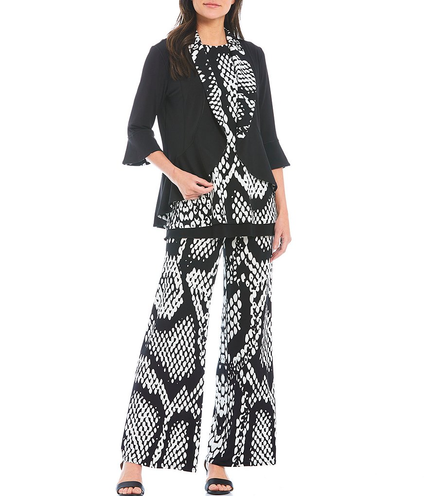 Eva Varro Reversible Snakeskin Print Bell Sleeve Solid Shawl Collar Open-Front Ruffle Peplum Jacket