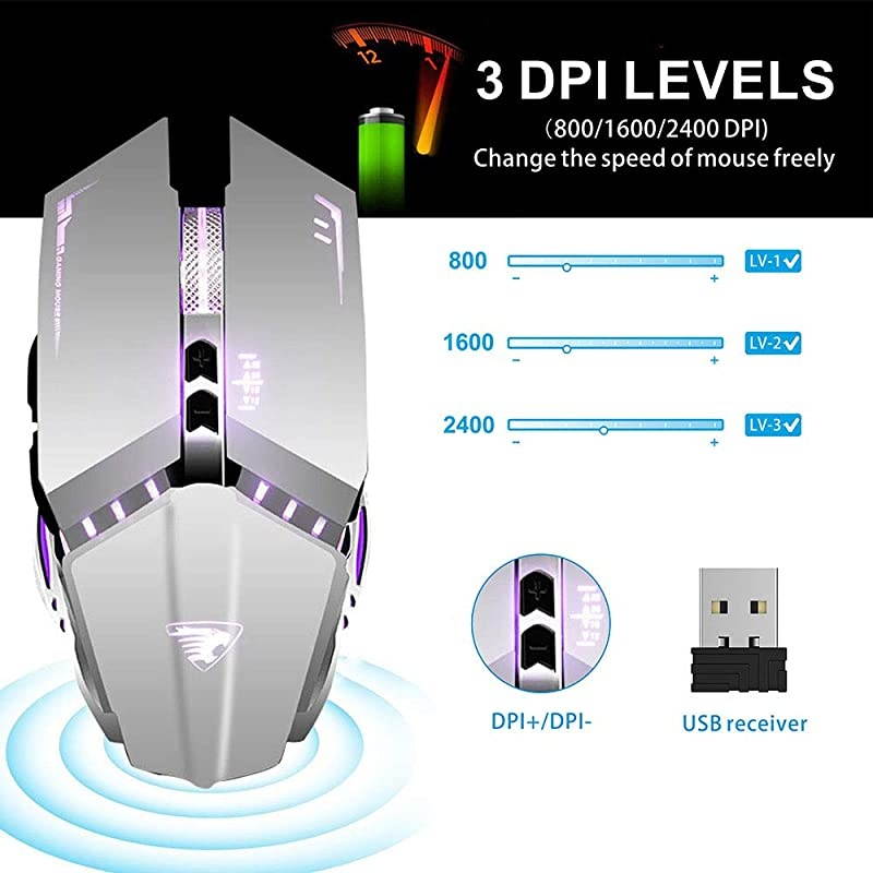 T12 Wireless Gaming Mouse Rechargeable 24G Silent Optical Wireless Computer Mice with Changeable LED Light Compatible with Laptop PC 7 Buttons 3 Adjustable DPI Silver
