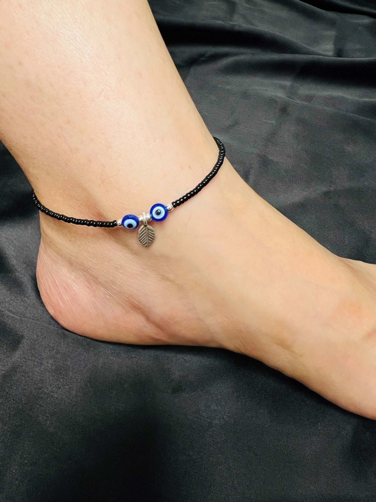 Arte Jewels 925 Sterling Silver Black Beads Evil Eye Anklet for Women & Girls (Single Anklet)