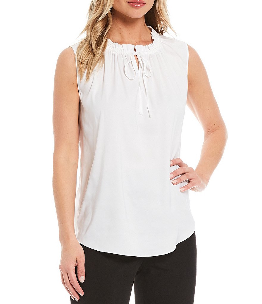 Preston & York Everly Tie Crew Neck Sleeveless Woven Blouse