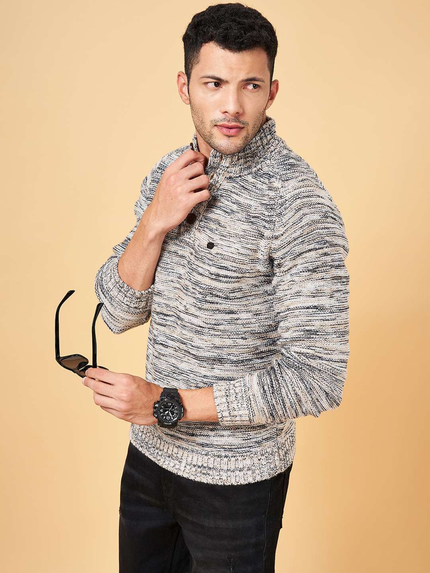 Byford by Pantaloons Beige Slim Fit Self Pattern Sweater