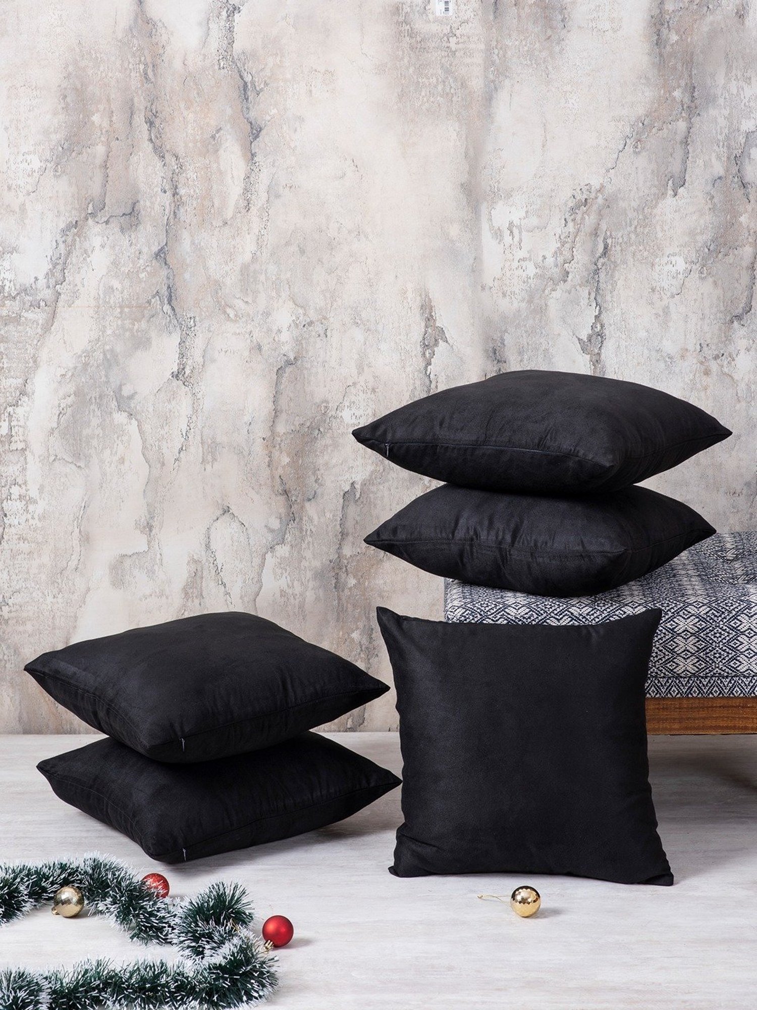 Nestroots Solid Black Polyester Cushion Covers - Set of 5