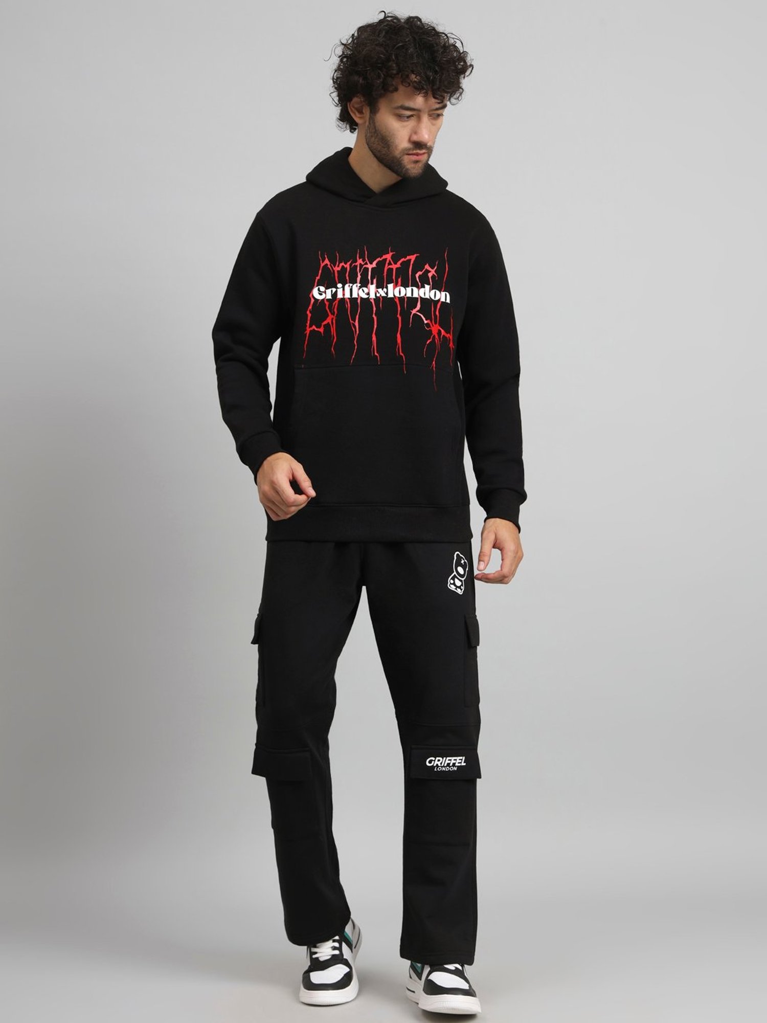 GRIFFEL Black Regular Fit Printed Hooded Sweatshirt & Trackpants Set