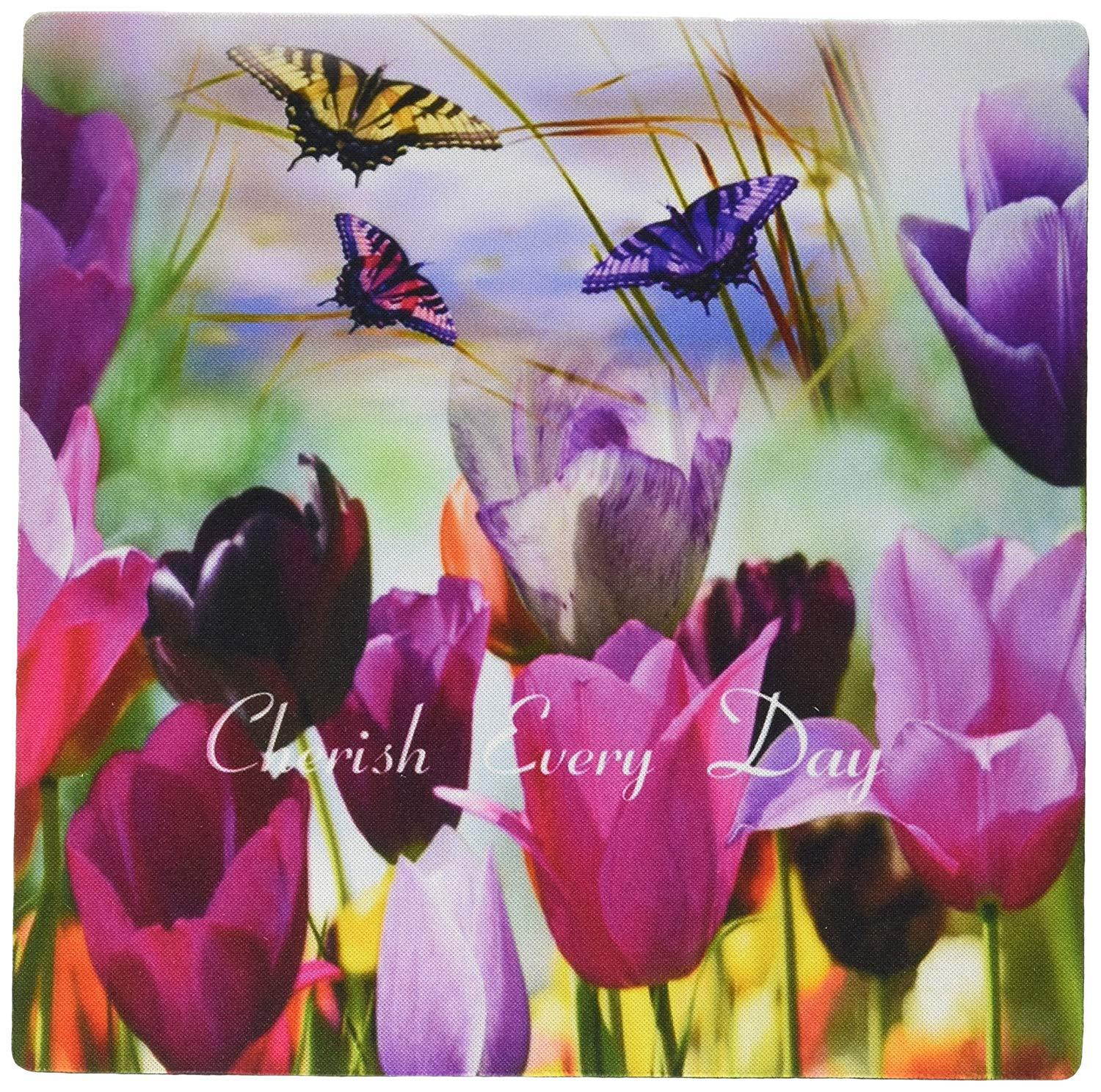 3dRose LLC 8 X 8 X 0.25 Inches Mouse Pad Image of Pretty Tulips and Butterflies in Purple and Fuchsia (Mp_174365_1)