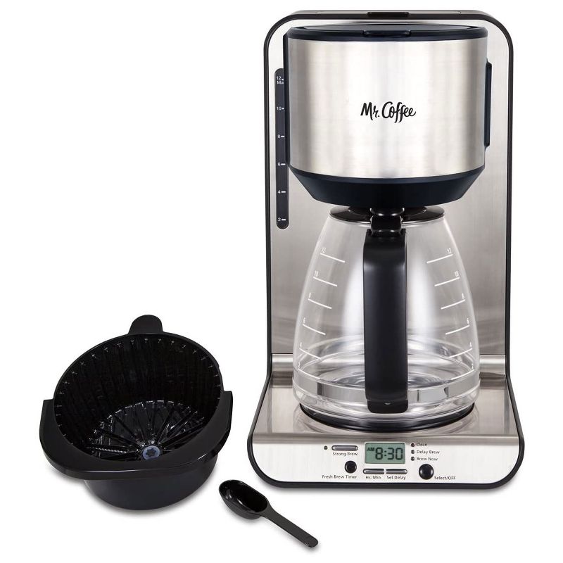 Mr. Coffee BVMCFBX39 12 Cup Programmable Digital Coffee Maker Machine with Coffee Grounds Measuring Scoop, Stainless Steel