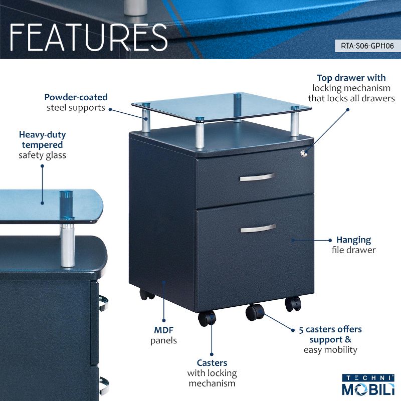 Rolling and Locking File Cabinet Gray - Techni Mobili