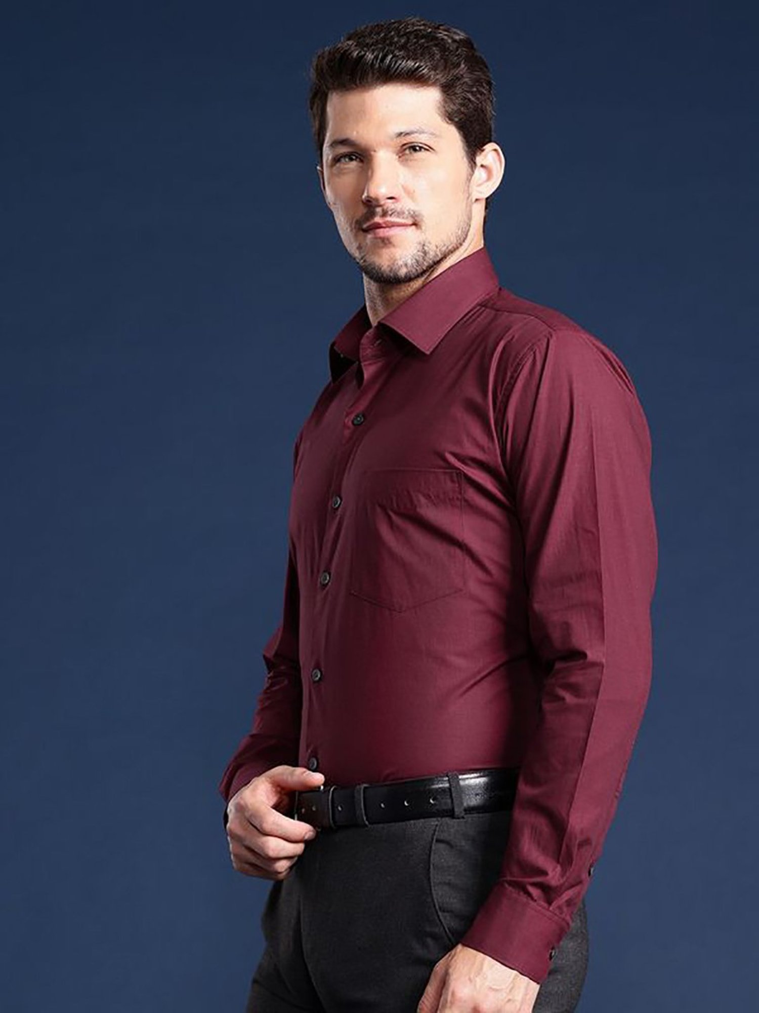 Hancock Maroon Cotton Slim Fit Solid Shirts