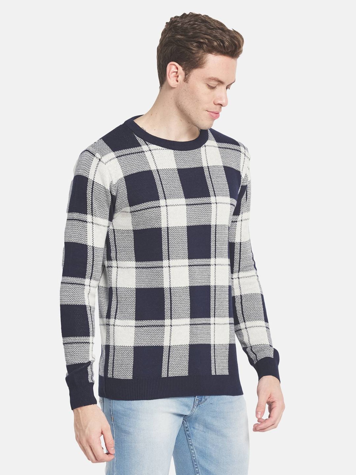 Mettle White & Navy Cotton Regular Fit Checks Sweater