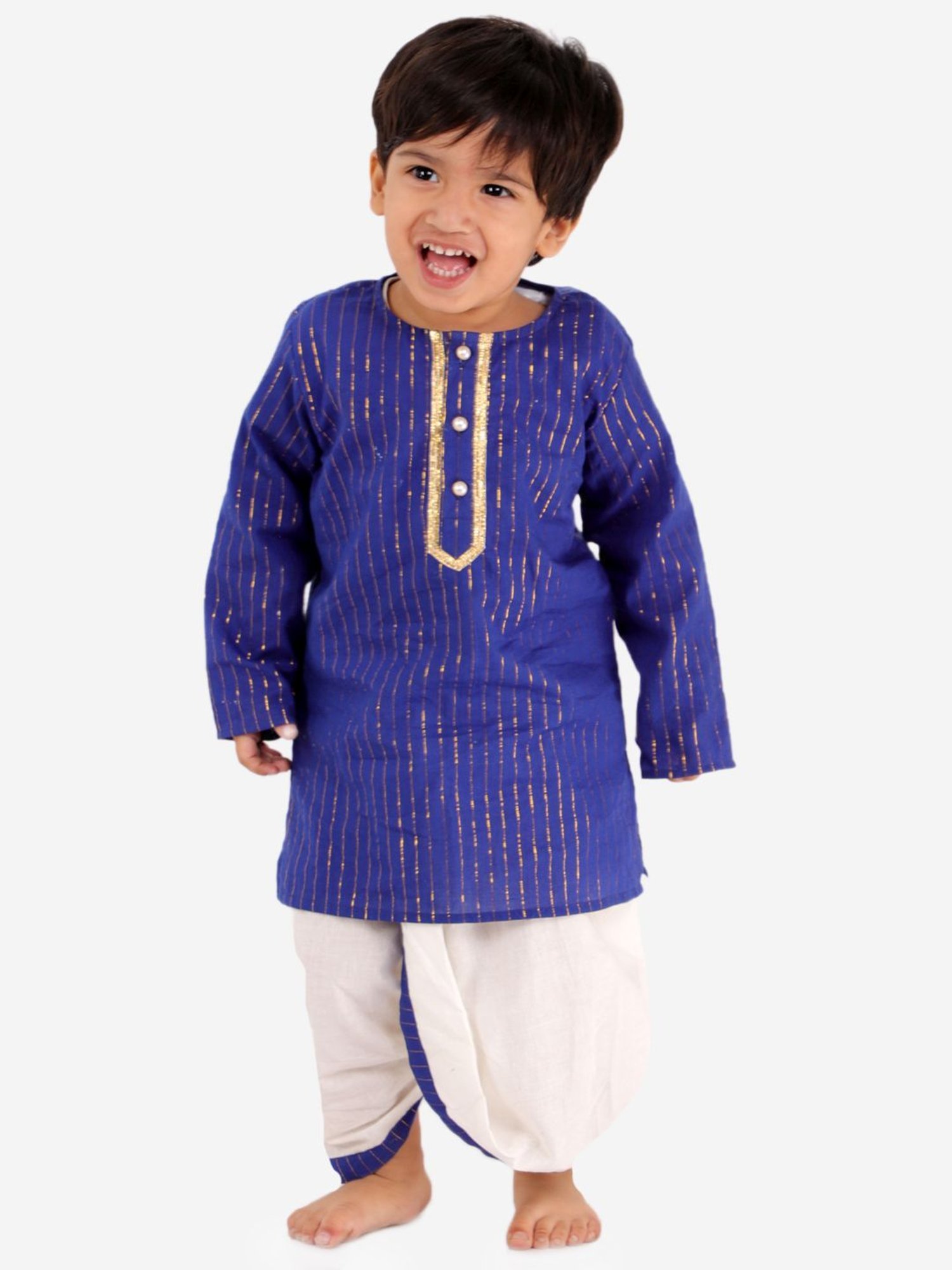 Little Bansi Kids Royal Blue Cotton Striped Kurta Set