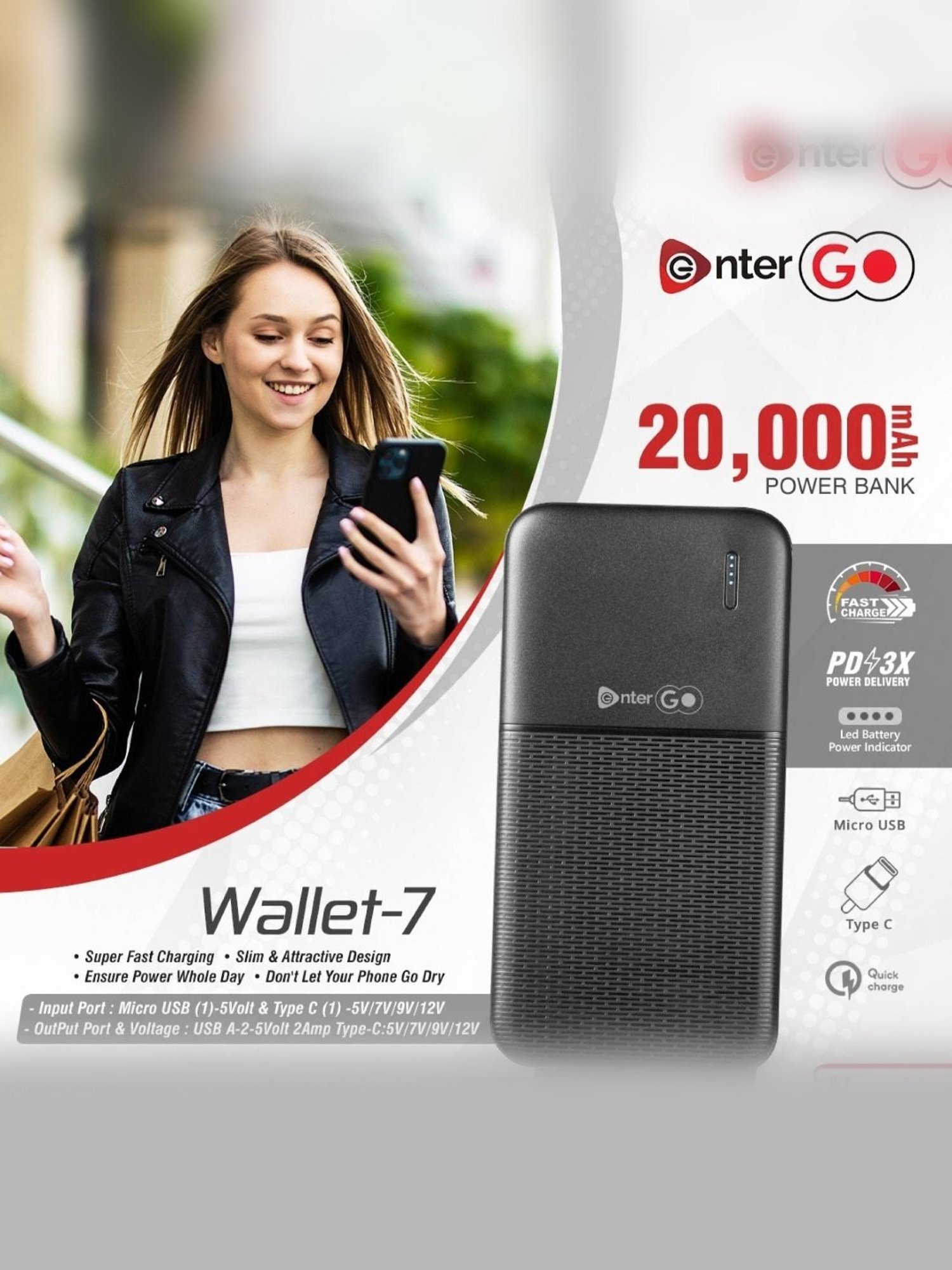 Enter 20000 mAh Power Bank (Black, Wallet 7)