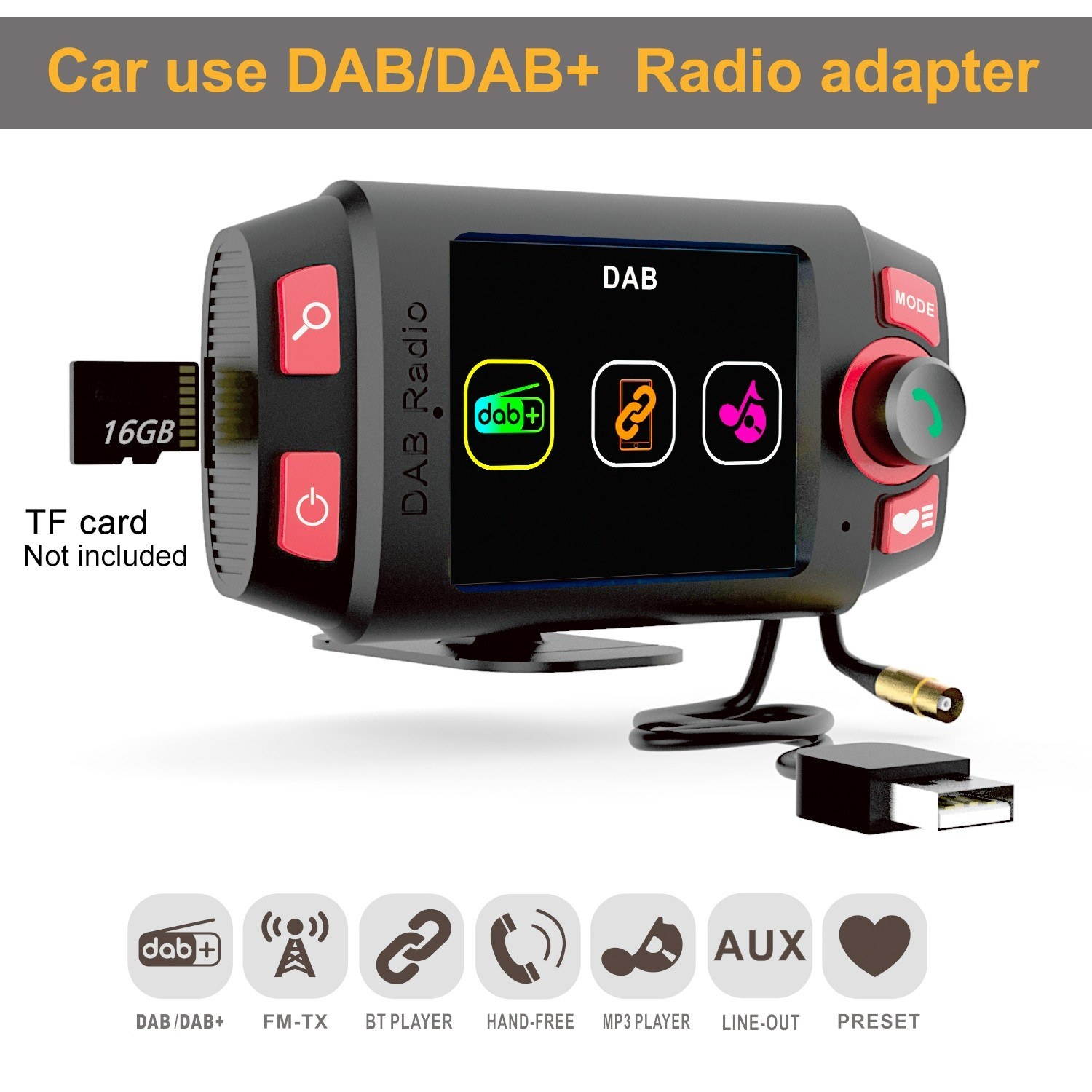 Mini In-car DAB+ Radio Receiver with Bluetooth Player Support FM Transmitter with 2.4 Inch Screen MP3 Music