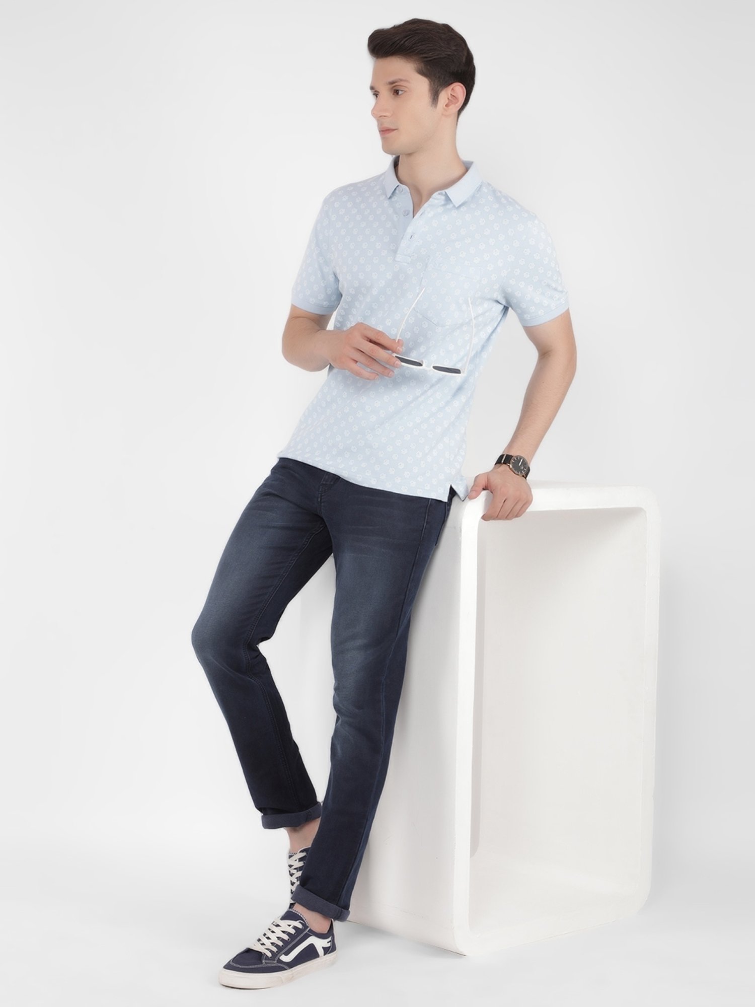 Crimsoune Club Blue Cotton Slim Fit Printed Polo T-Shirt