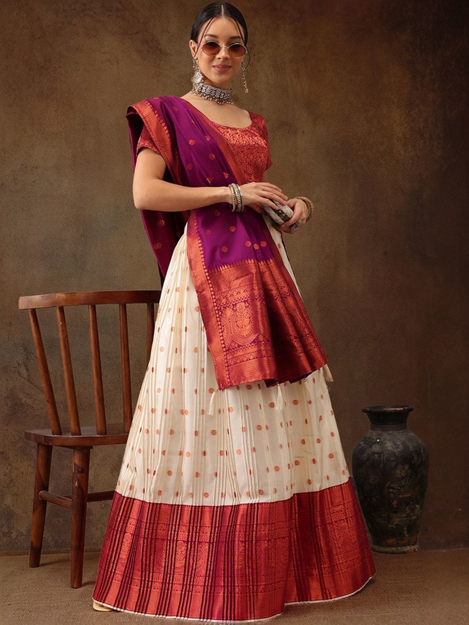 Silk Land Beige & Purple Woven Pattern Semi Stitched Lehenga Choli Set With Duppata