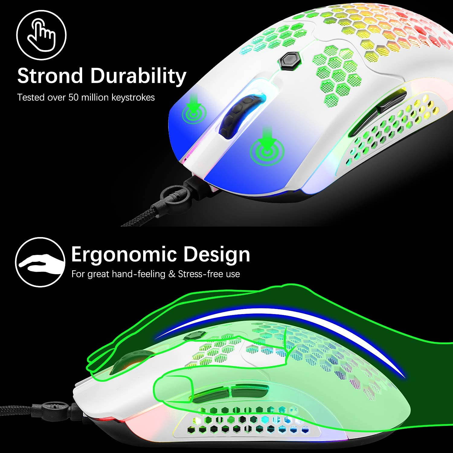Wired Lightweight Gaming Mouse,26 RGB Backlit Mice with 7 Buttons Programmable Driver,PAW3325 12000DPI Mice,Ultralight Honeycomb Shell Ultraweave Cable Mouse for PC Gamers and Xbox and PS4 Users