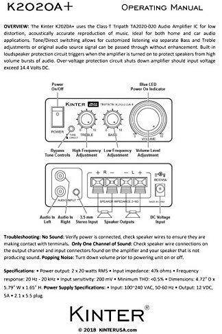 Kinter K2020A+ Limited Edition Original Tripath TA2020-020 Class-T Hi-Fi Audio Mini Amplifier with 12V 5A Power Supply Black