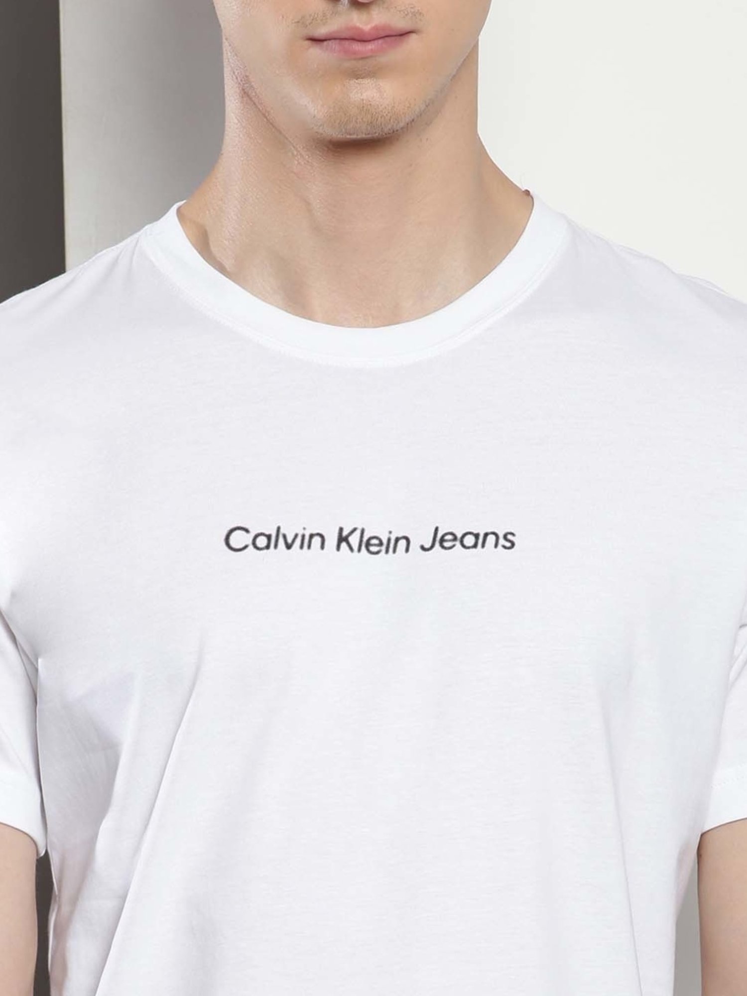 Calvin Klein Bright White Cotton Regular Fit Logo Printed T-Shirt