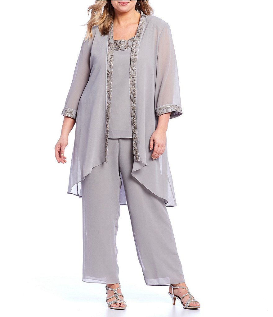 Le Bos Plus Size Scoop Neck 3/4 Sleeve 3-Piece Embroidered Sequin Trim Pant Set