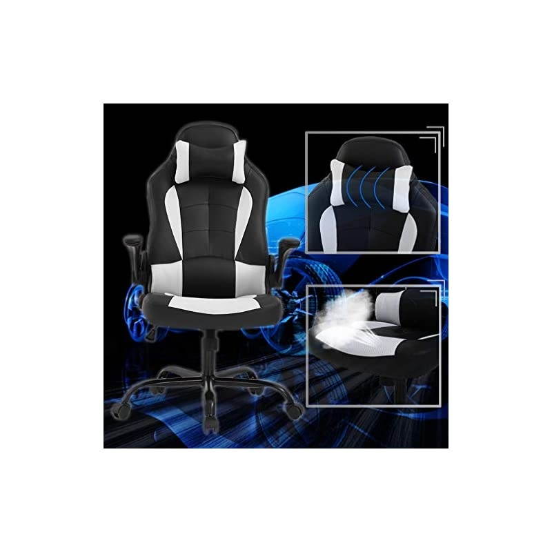 PC Gaming Chair Ergonomic Office Chair Desk Chair with Lumbar Support Flip Up Arms Headrest PU Leather Executive High Back Computer Chair for Adults Women Men, Black and White