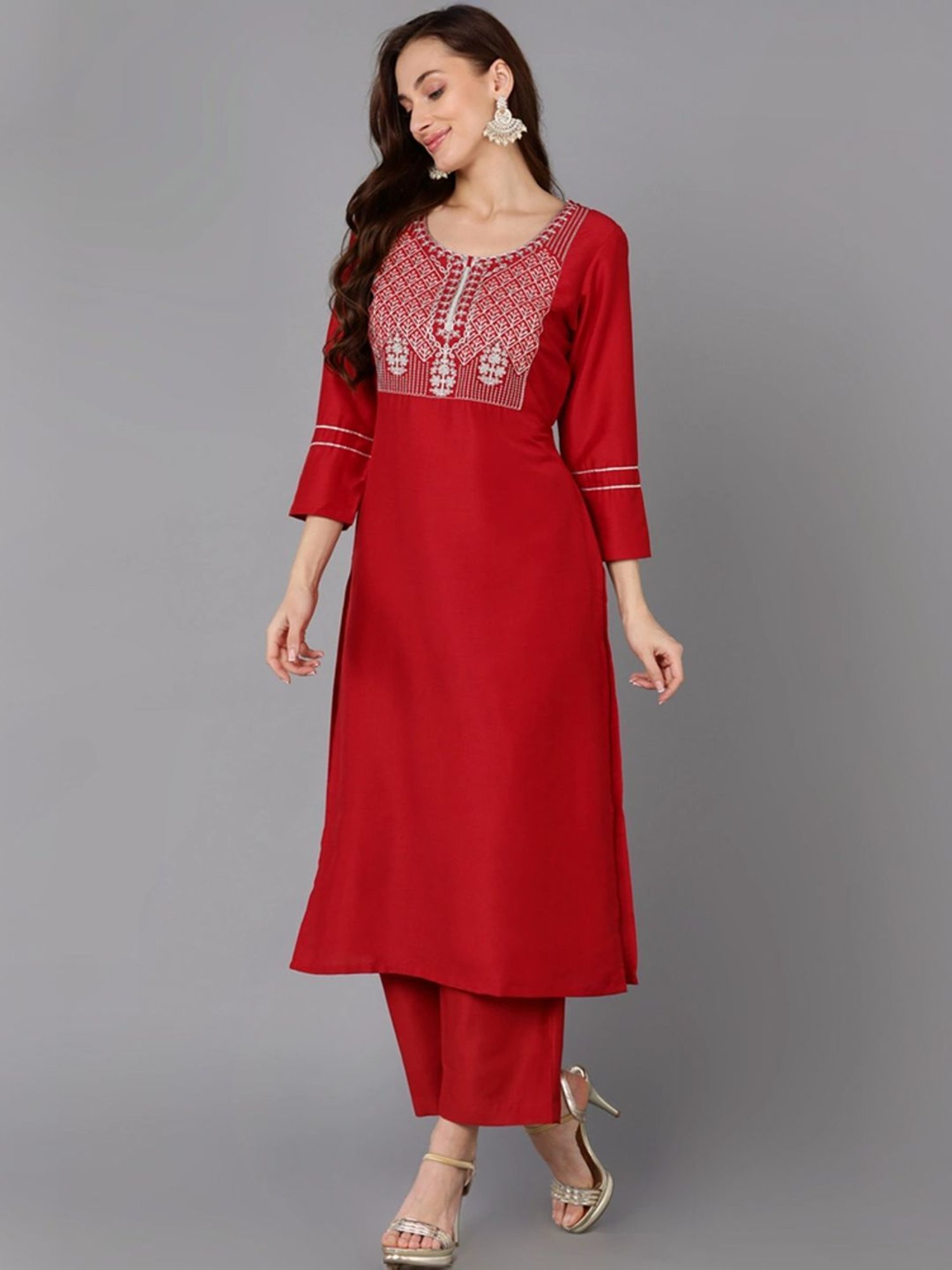 Vaamsi Red Embroidered Kurta Palazzo Set With Dupatta