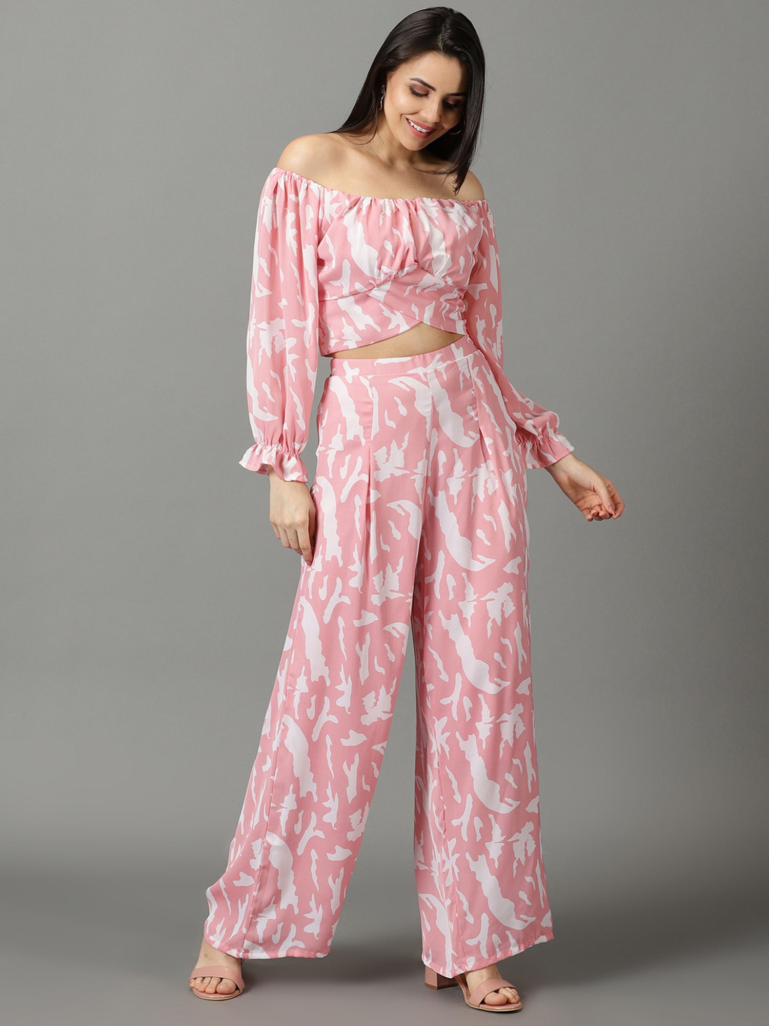 SHOWOFF Pink & White Printed Crop Top With Palazzos