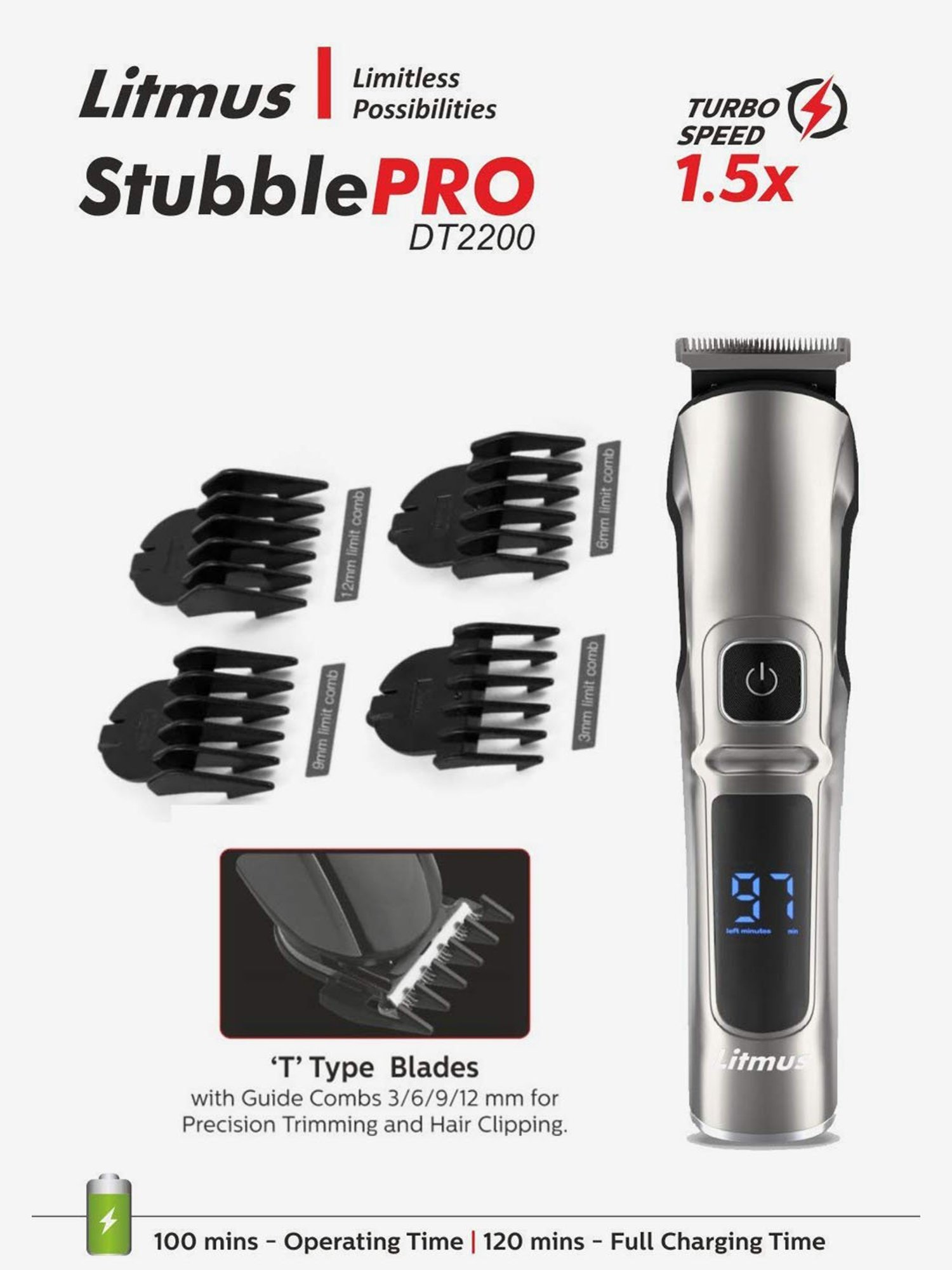 Litmus Stubble PRO DT2200 Waterproof Trimmer for Men (Silver/Black)