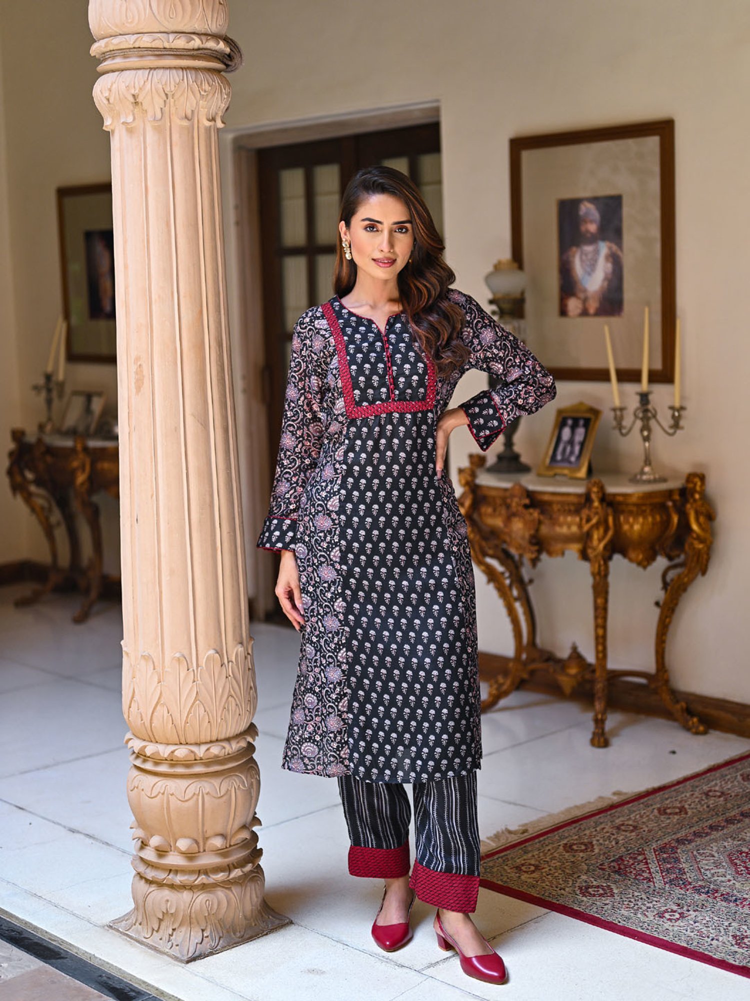 Mahee Jaipur Black and Red Panel Block Print Pure Muslin Kurta Set