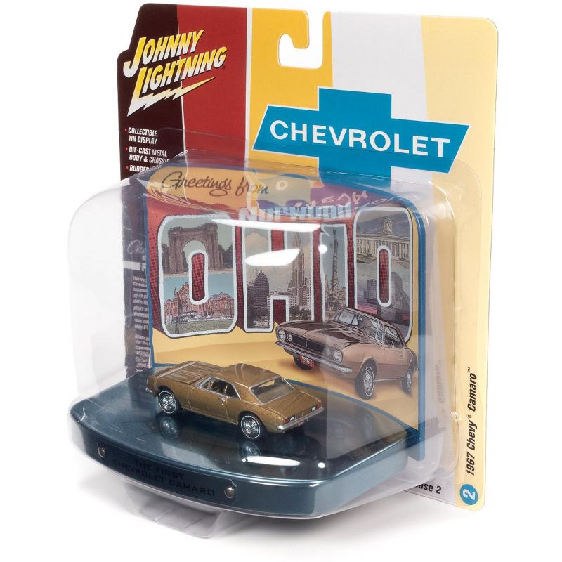 1967 Chevrolet Camaro Gold with Gold Interior with Collectible Tin Display "The First Chevrolet Camaro" 1/64 Diecast Model Car by Johnny Lightning