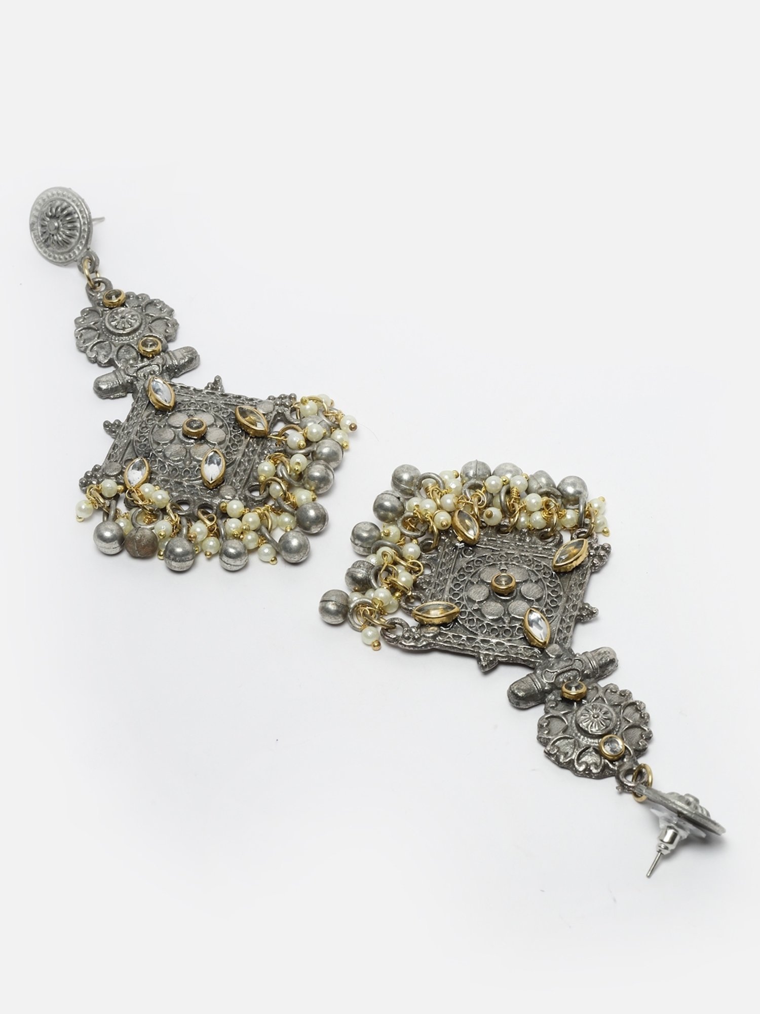 Moedbuille Crystal Ghungroo & Pearl Studded Antique Design Silver-Plated Tassel Dangler Earrings