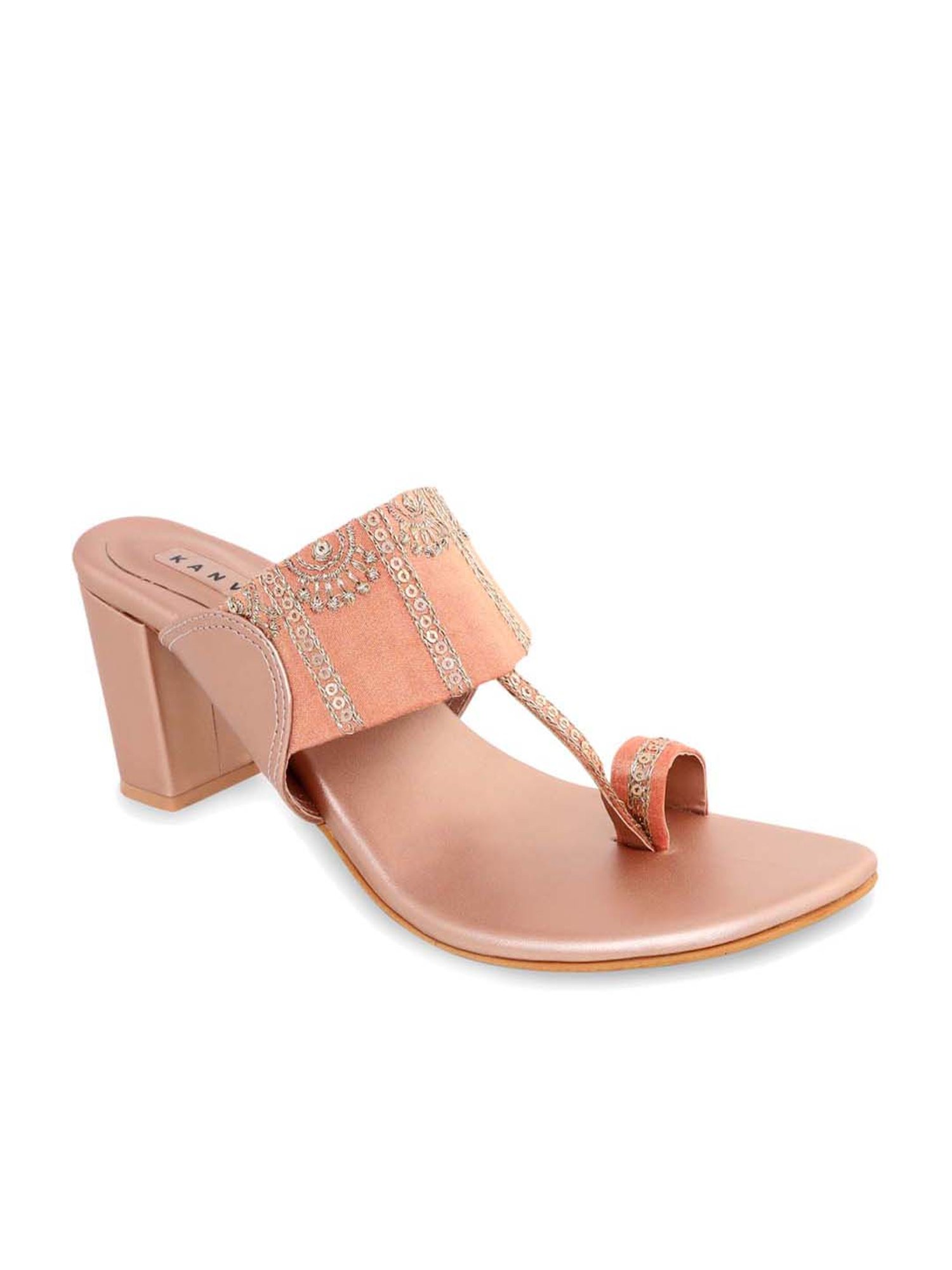 KANVAS Women's Desi Embroidery Peach Toe Ring Sandals
