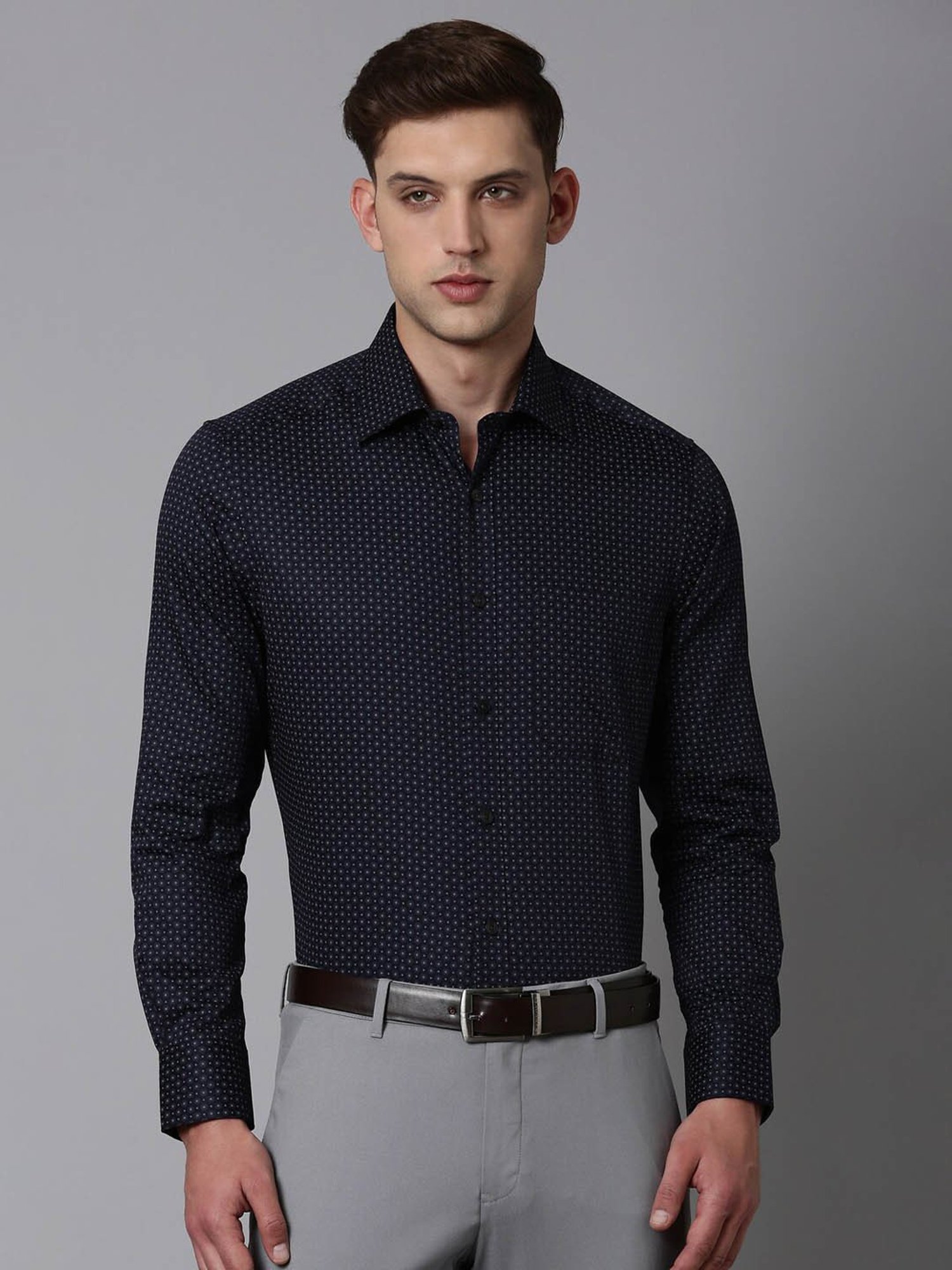 Luxure By Louis Philippe Navy Blue Cotton Regular Fit Printed Shirt