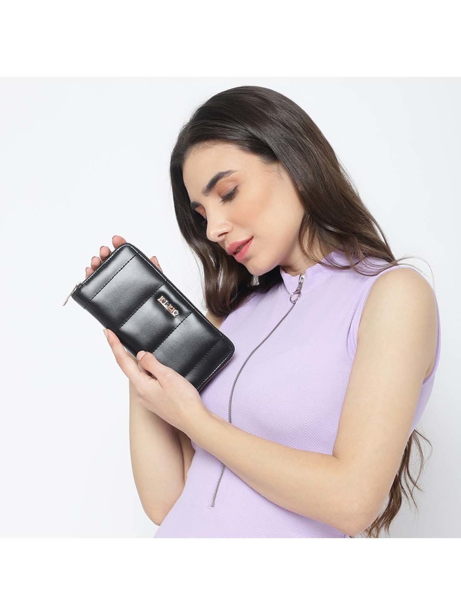 KLEIO Black Quilted Zip Around Wallet for Women