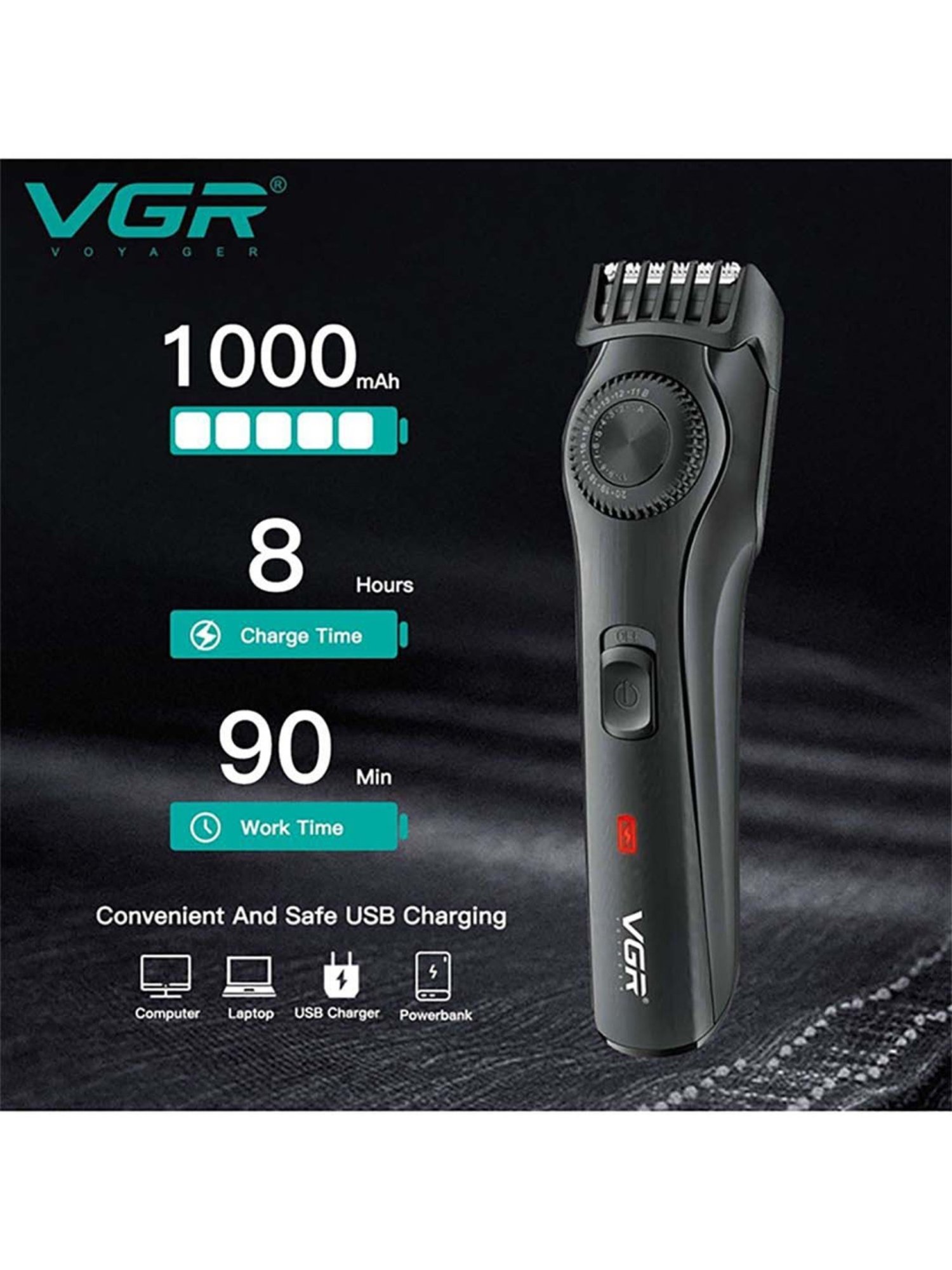 VGR V-028B Professional Corded and Cordless Hair Trimmer - 90 min Runtime (Black)