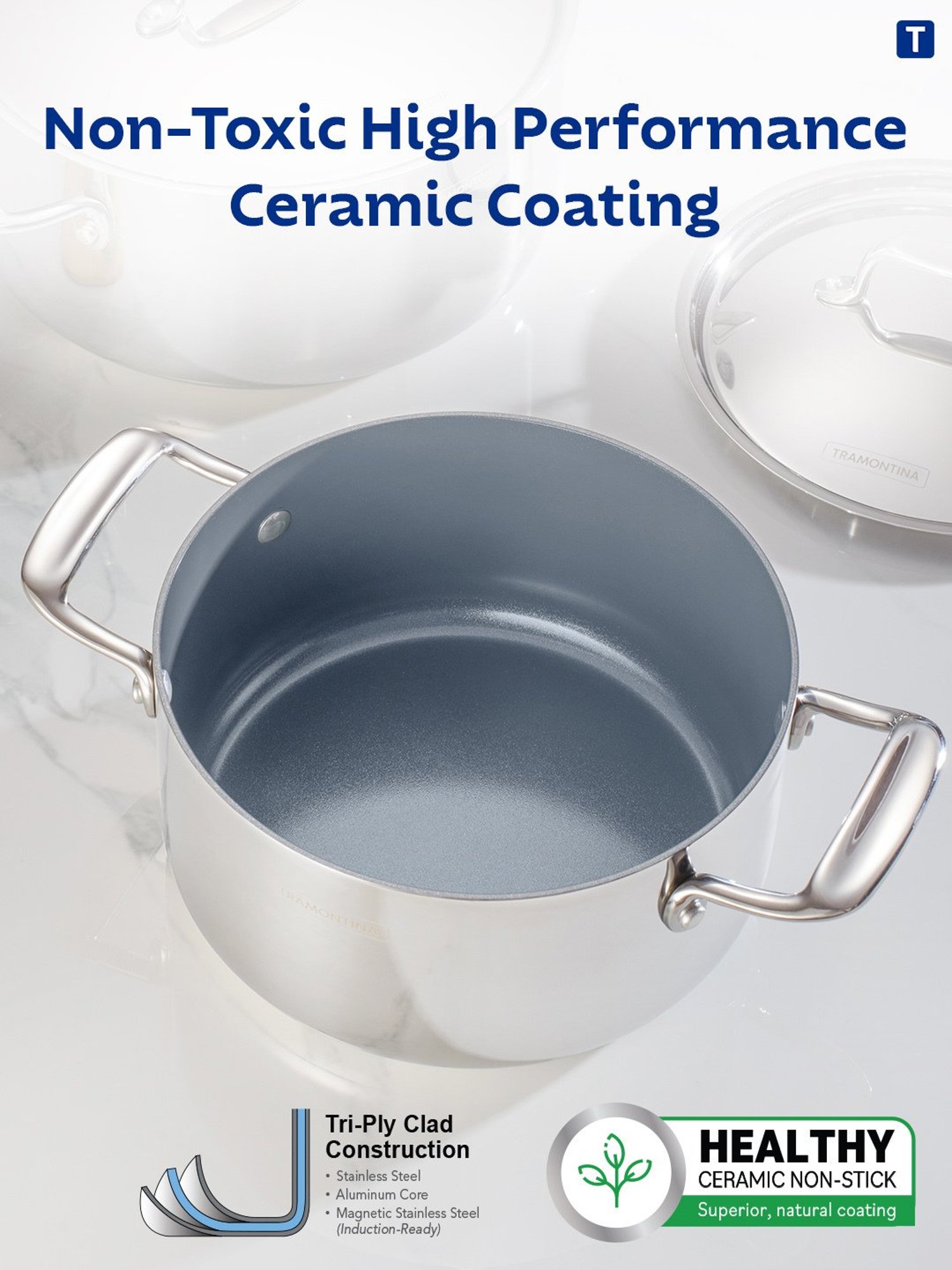 Tramontina Fusao Non-Toxic Triply Stainless Steel Ceramic Casserole & Lid 20cm/3.1L Induction Base