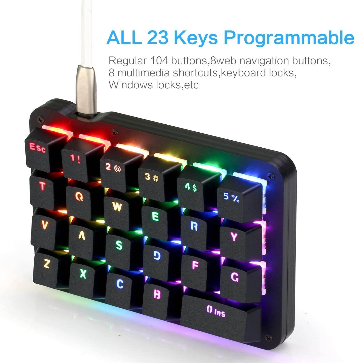 Koolertron One Handed Macro Mechanical Keyboard, RGB LED Backlit Portable Mini One-Handed Mechanical Gaming Keypad 23 Fully Programmable Keys Red Switches (RGB Backlit/Red switches)