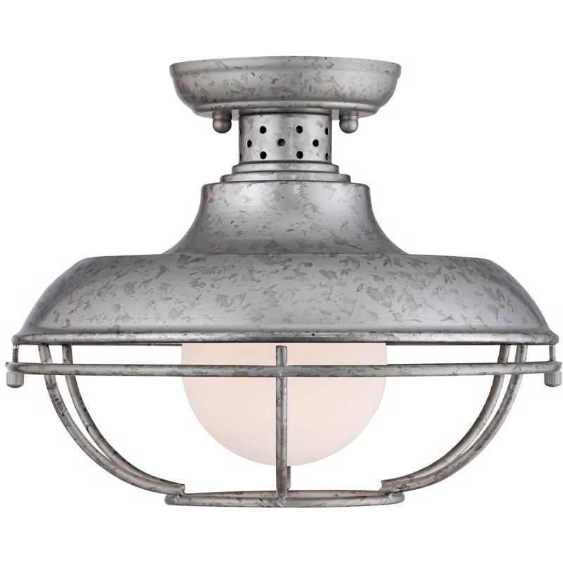 Franklin Iron Works Rustic Farmhouse Outdoor Ceiling Light Galvanized Steel Cage 12" White Glass Orb for Exterior House Porch