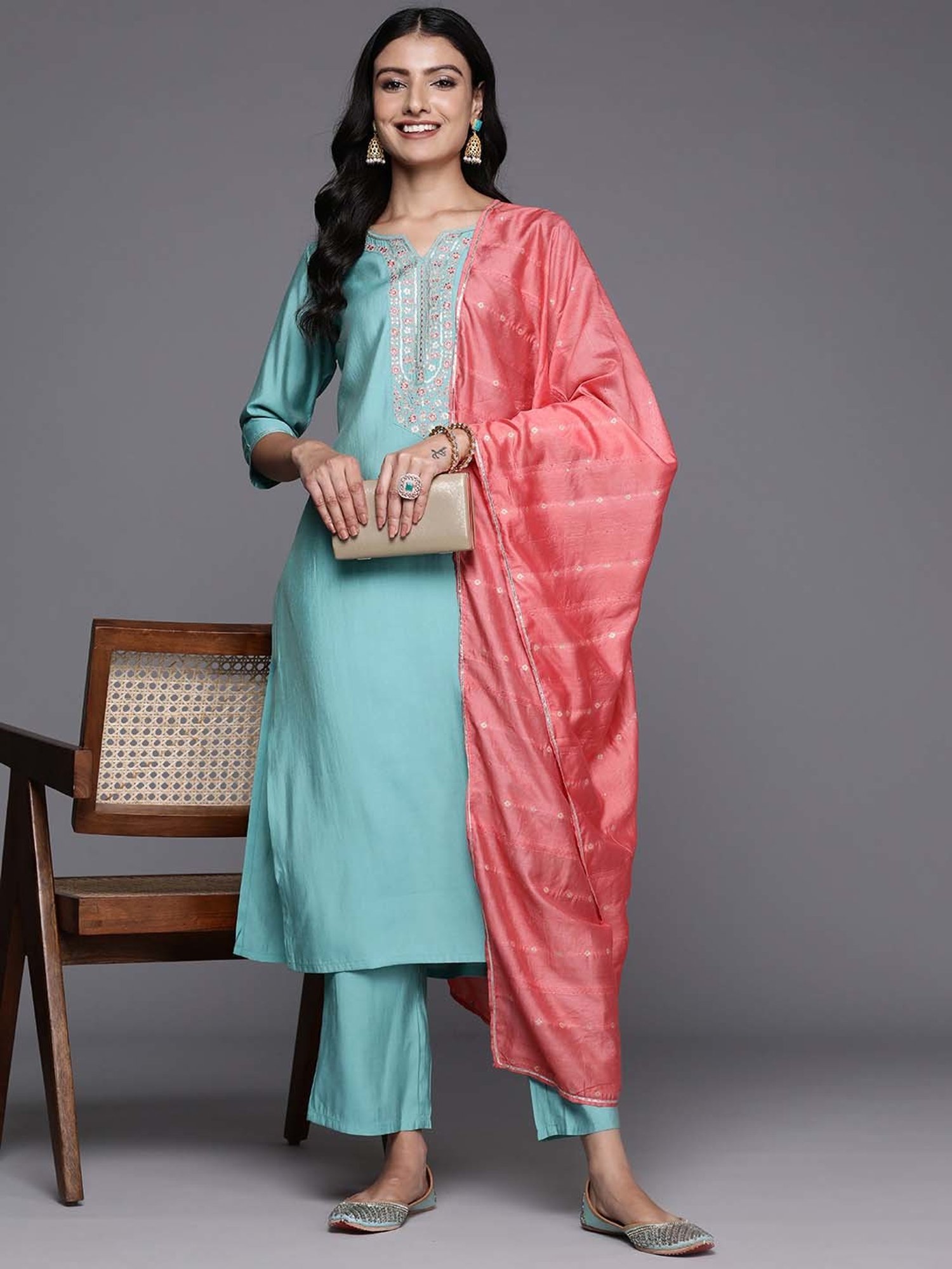 Gerua Blue Embroidered Kurta Pant Set With Dupatta