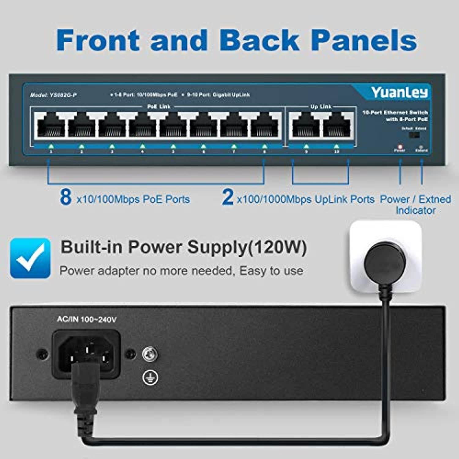 YuanLey 10 Port PoE Switch, 8 PoE+ Port 100Mbps, 2 Gigabit Uplink, 120W 802.3af/at, Extend Function, Metal, Fanless, Plug and Play (YS082G-P)