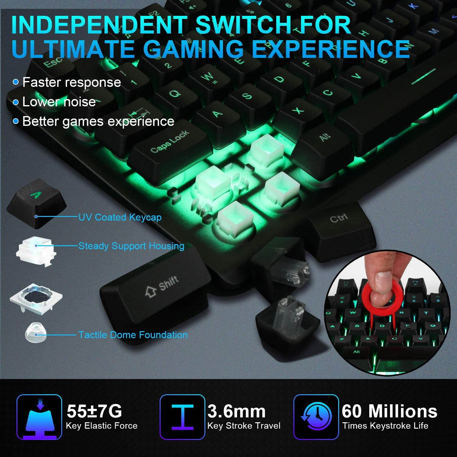 K10 Gaming Keyboard USB Wired Floating Keyboard, Quiet Ergonomic Water-Resistant Mechanical Feeling Keyboard, Ultra-Slim Rainbow LED Backlit Keyboard for Desktop, Computer, PC