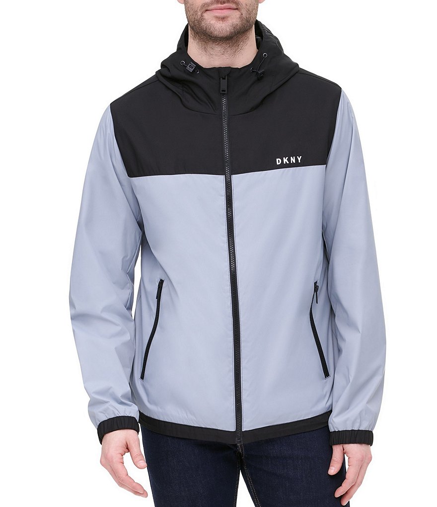 DKNY Long-Sleeve Mixed-Media Color-Block Hooded Rain Slicker