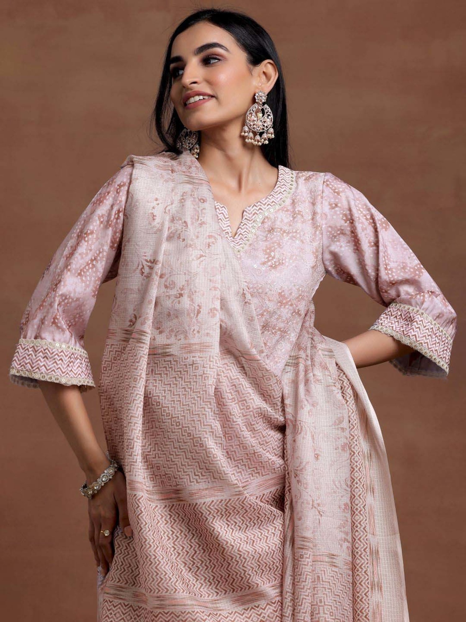 Libas Beige Printed Kurta Pant Set With Dupatta