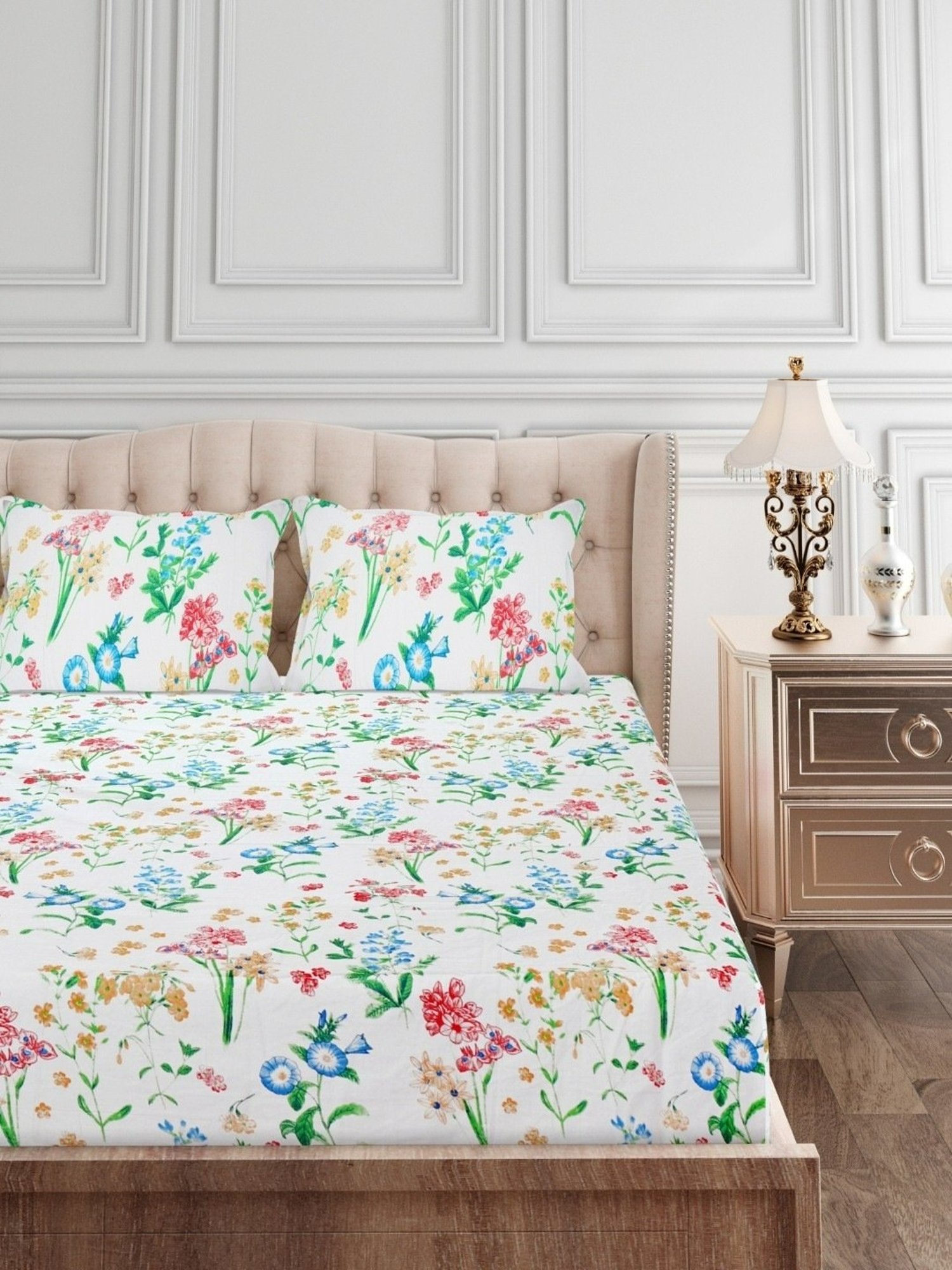 SEJ by Nisha Gupta Floral Blue 160 TC Cotton Double Bed Sheet with 2 Pillow Covers