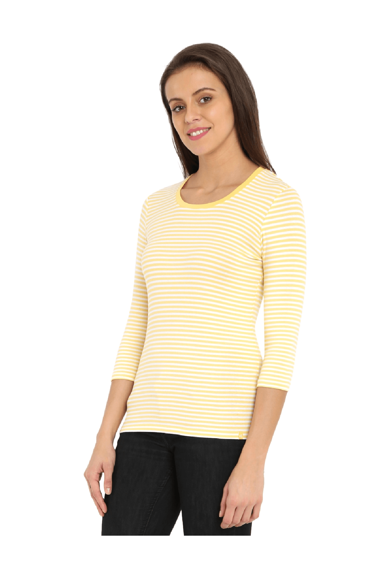 Jockey 1360 Women's Super Combed Cotton Elastane Slim Fit Striped Three Quarter Sleeve T-Shirt