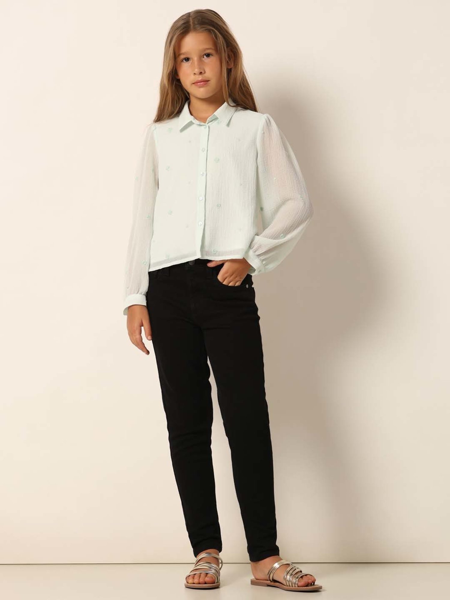 VERO MODA GIRL Aqua Blue Embroidered Full Sleeves Shirt
