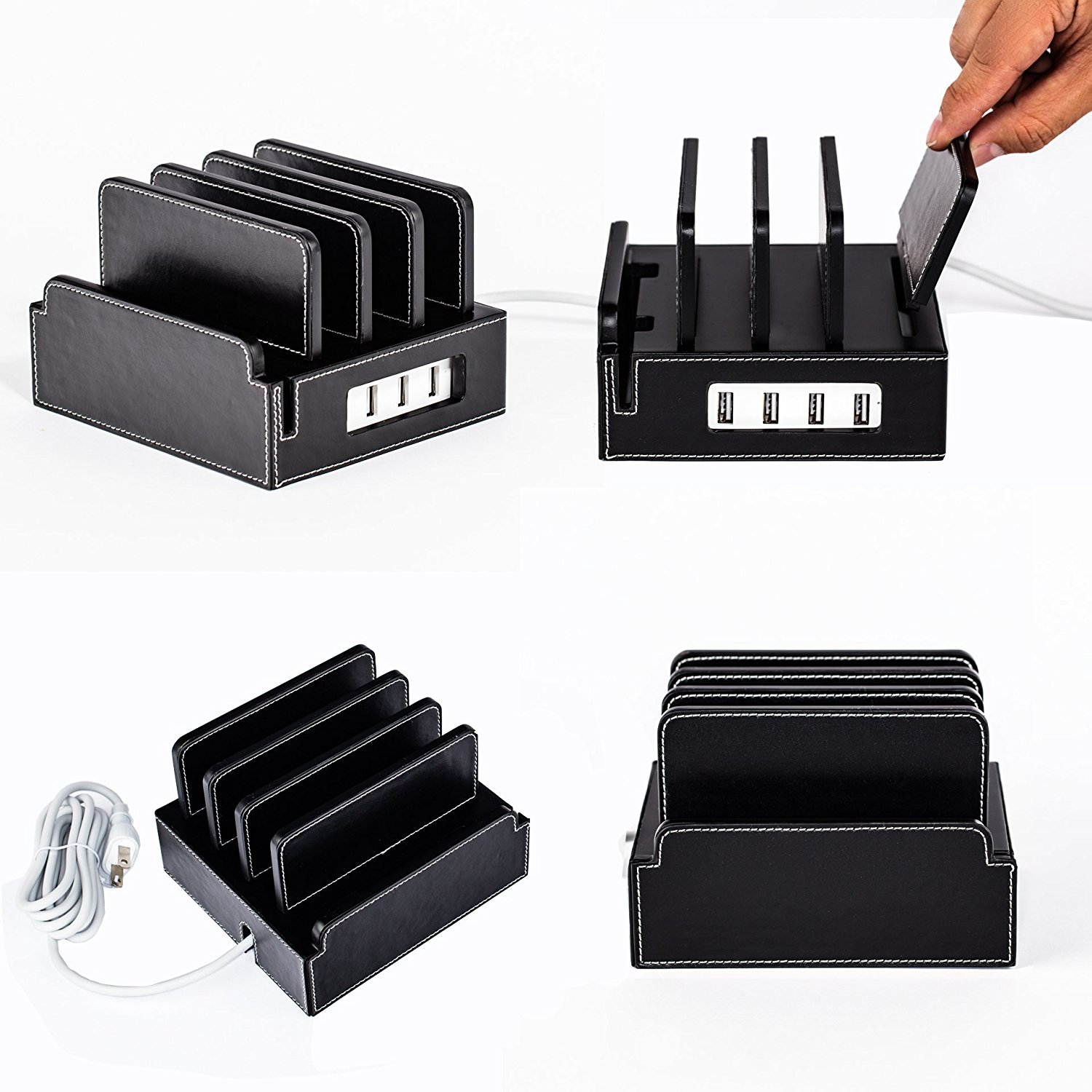Compact Universal Desktop Cell Phone & Tablet/eReader/Kindle Charging Station, with Set of Cable Ties. Multiple Finishes Available - Black Leatherette