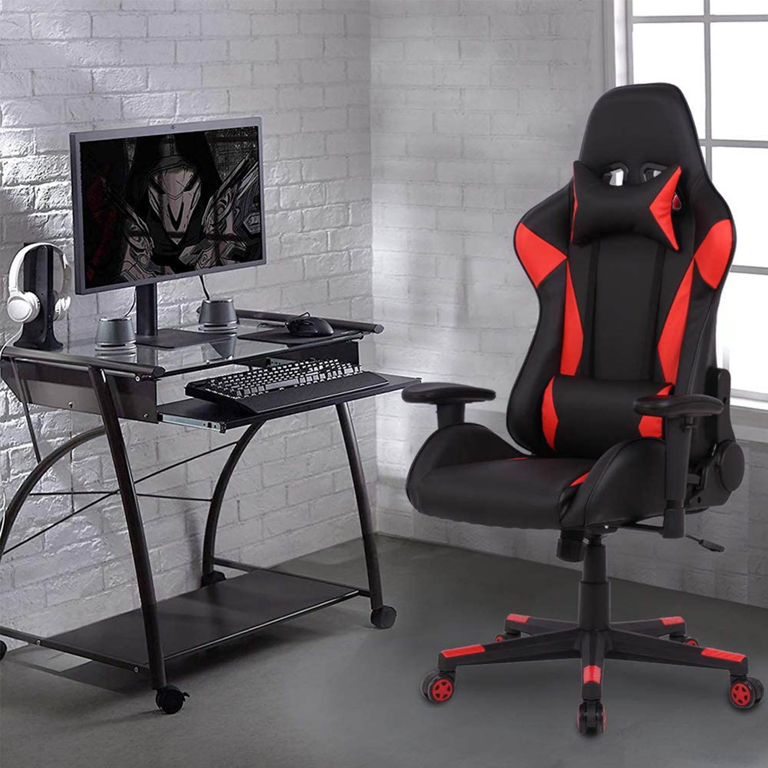 SMUGDESK Gaming Chair Racing E-Sports Chair High Back Game Chair Seat Height Armrest Adjustable Swivel Ergonomic Task Chair with Headrest and Lumbar Support, Red